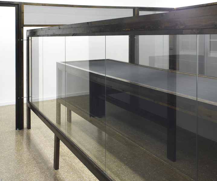 Untitled, 2011, variable size, wood, window screens, glass